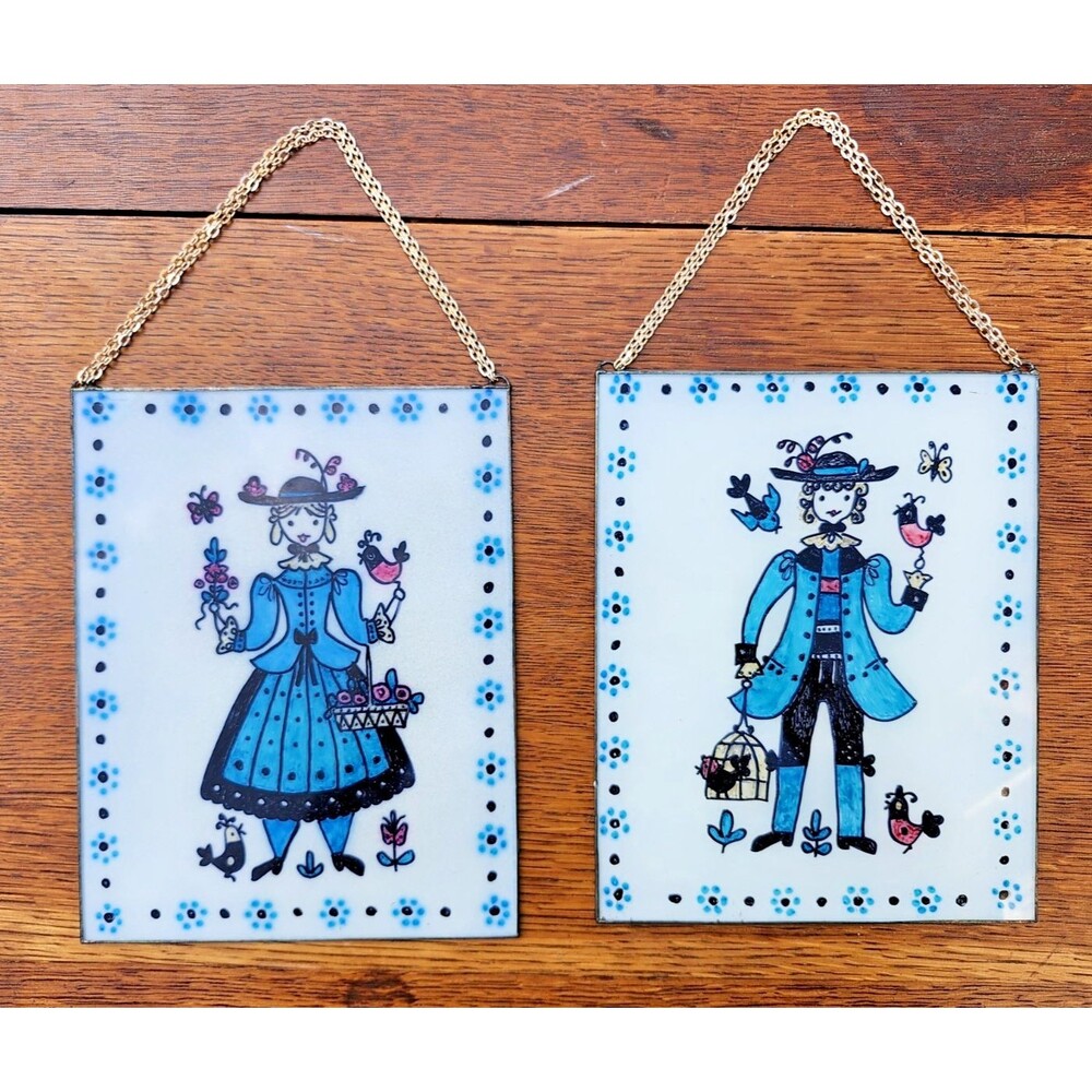 Vintage 1970s German Folk Art Reverse Painted Glass Plaques Pair Man Woman 8.5"